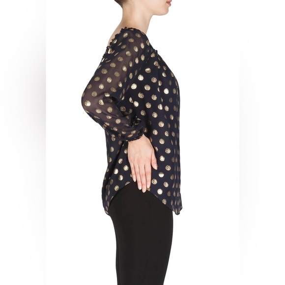 Joseph Ribkoff Midnight Blue Gold Dot Ruffle Collar Long Sleeve Top Style 181608 - Picture 3 of 10